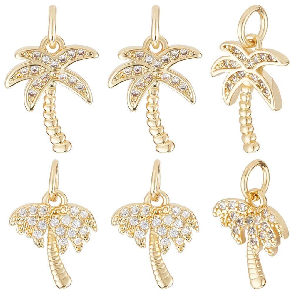 9846 1 Box 8Pcs Mixed Style Brass Golden Coconut Tree Charms Micro Pave